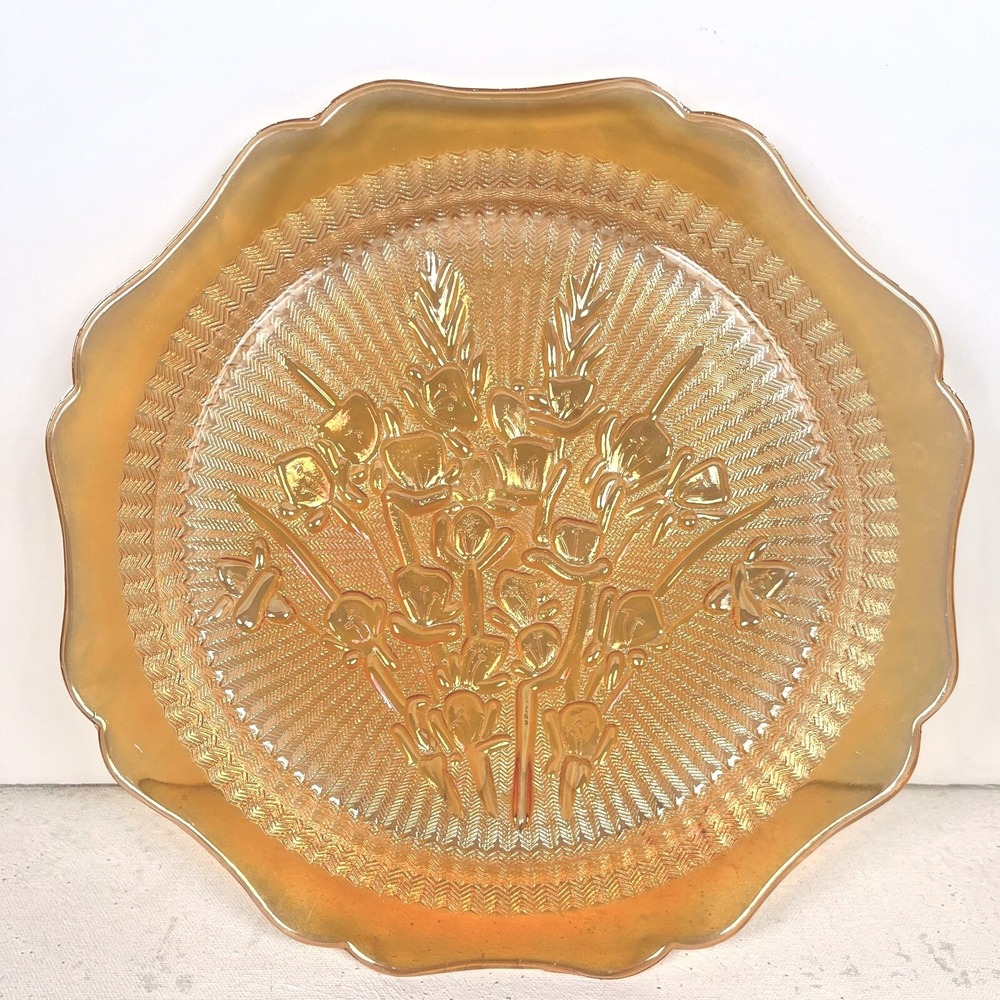 Vintage Jeanette Marigold Carnival Glass 1950s Iris & Herringbone Plate